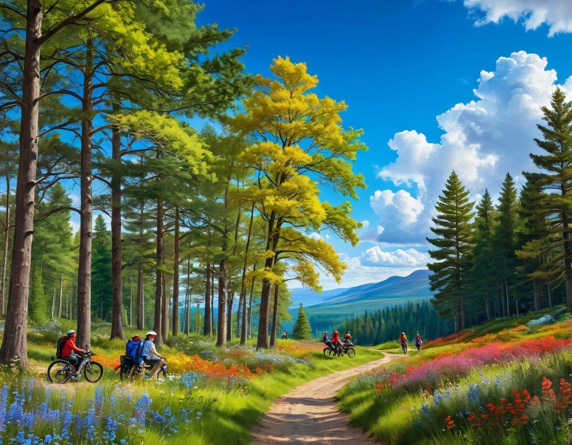 A breathtaking landscape showcasing a vibrant forest filled with diverse trees and colorful wildflowers, with people joyfully engaging in various outdoor activities like hiking, biking, and picnicking, under a bright blue sky dotted with fluffy clouds. The scene should evoke a sense of adventure and happiness, illustrating the beauty of nature and outdoor recreation. super-realistic. vibrant colors.