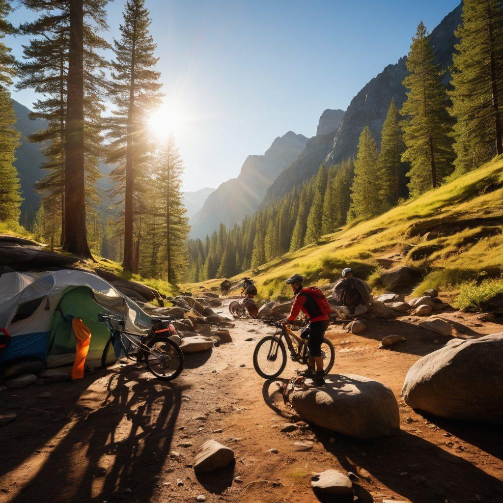 A dynamic scene showcasing a thrilling outdoor adventure, featuring a diverse group of people using essential extreme sports equipment like mountain bikes, camping gear, and climbing tools against a breathtaking backdrop of mountains and forests. The atmosphere should convey excitement and camaraderie, with splashes of vibrant colors depicting the gear and nature. The sun should be shining brightly, casting shadows that enhance the 3D effect of the scene. super-realistic. vibrant colors. outdoor setting.
