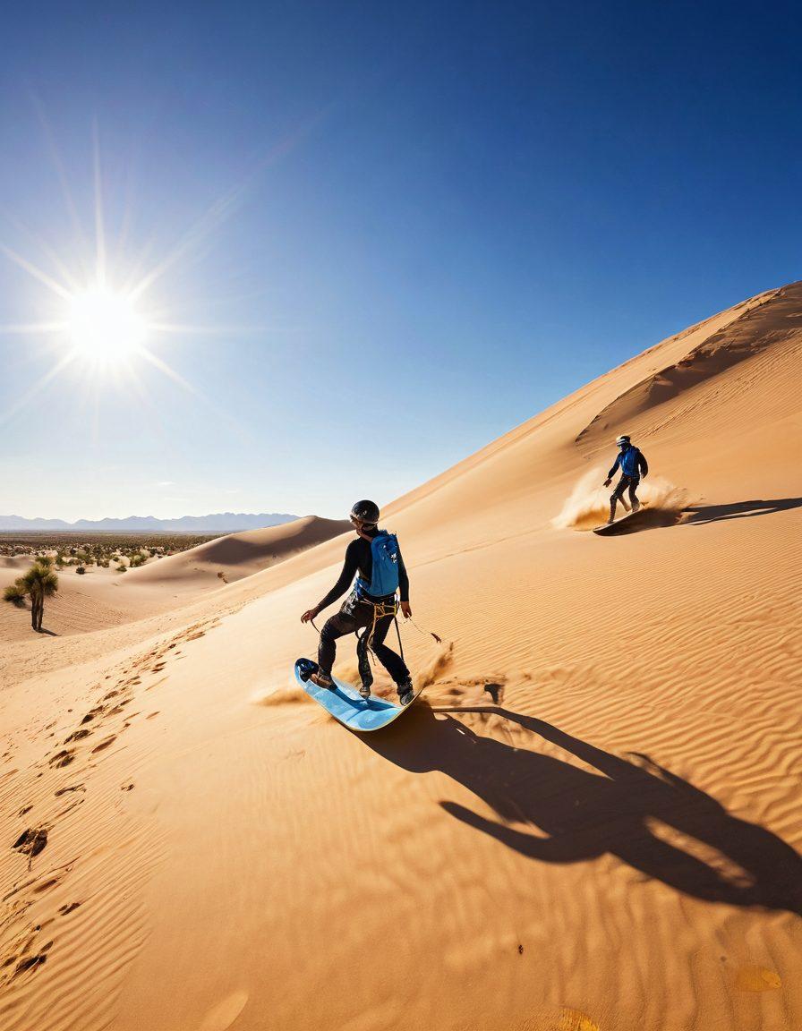 A vibrant desert landscape showcasing various extreme outdoor activities, such as sandboarding, rock climbing, and dune bashing under a bright, sunny sky. Include joyful people of diverse backgrounds engaged in these recreations, emphasizing their excitement and thrill. Enrich the scene with golden sand dunes and scattered cacti, all while showcasing a radiant sun in a brilliant blue sky. super-realistic. vibrant colors. dynamic composition.